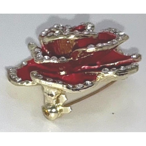 Red Rose Enamel Rhinestone Brooch Pin Gold-Tone 1.25" Floral Statement - Picture 3 of 4